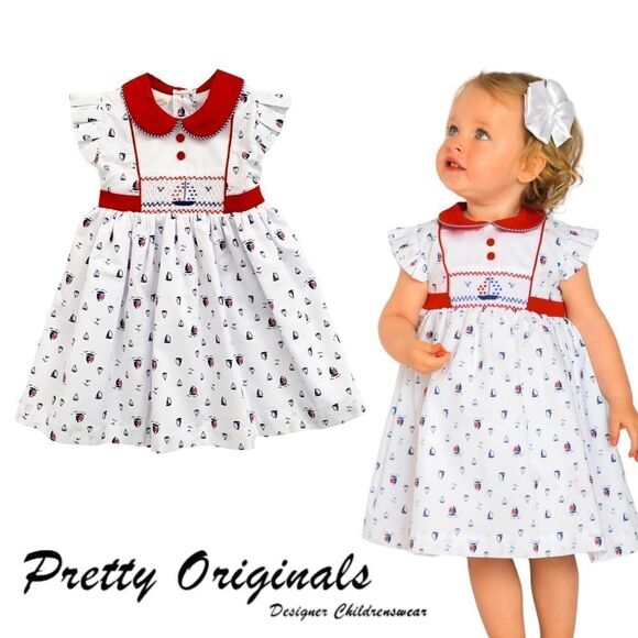 PRETTY ORIGINALS | White | HAND SMOCKED NAVY DRESS - Picture 1 of 13